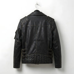 back view of men's black leather motorcycle jacket with side buckles and quilted hem
