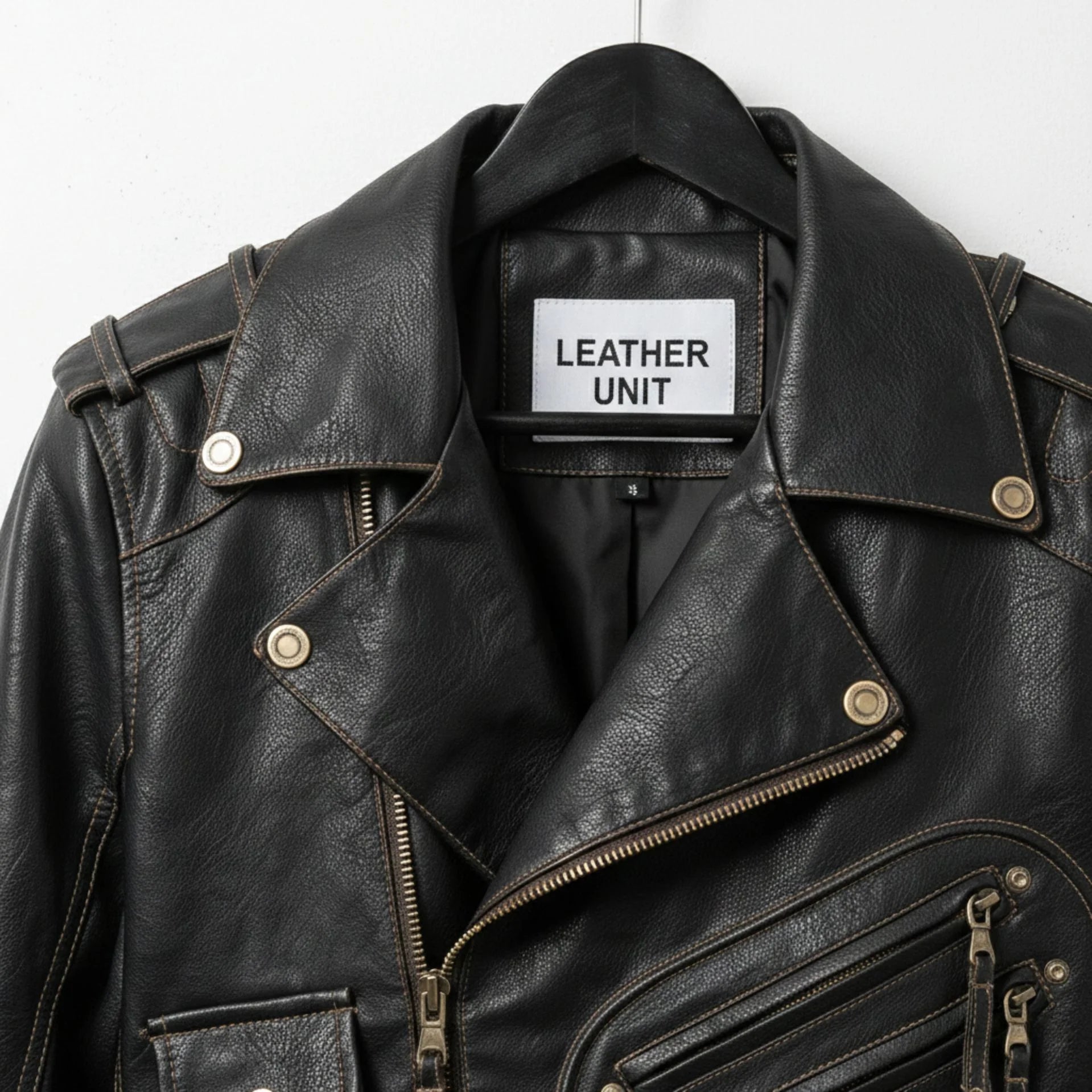 close up of collar and lapels on men's black leather biker jacket by Leather Unit.