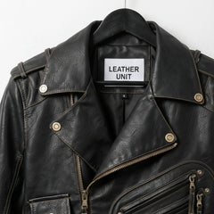 close up of collar and lapels on men's black leather biker jacket by Leather Unit.
