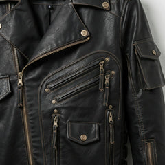 detail of chest zip pockets and flap pocket on men's black multi pocket leather jacket.