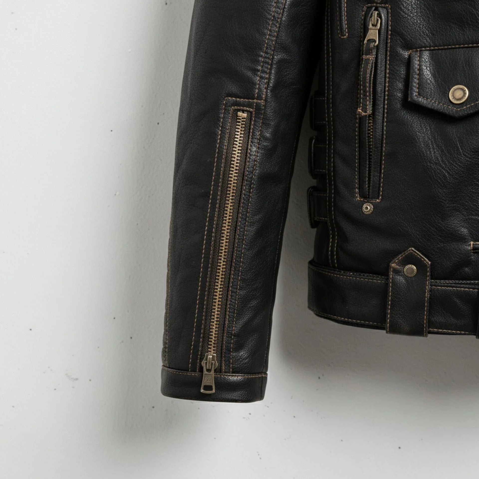 close up of sleeve zipper and stitching on men's black leather motorcycle jacket.