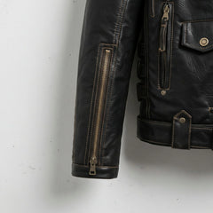 close up of sleeve zipper and stitching on men's black leather motorcycle jacket.