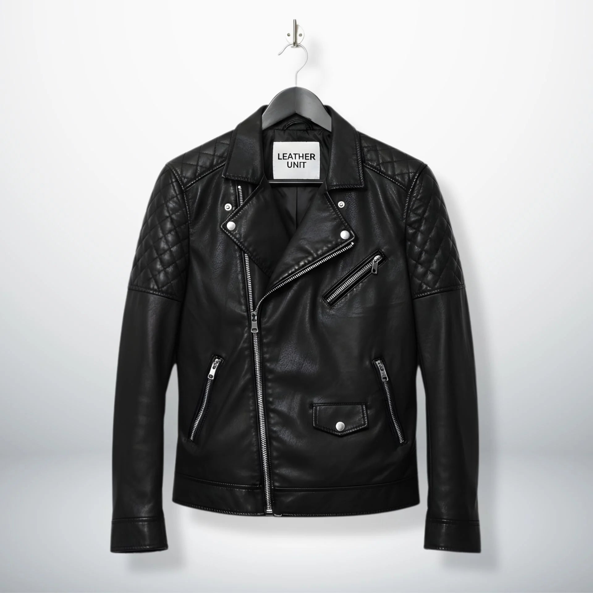 front view of men's black leather biker jacket with quilted shoulders.