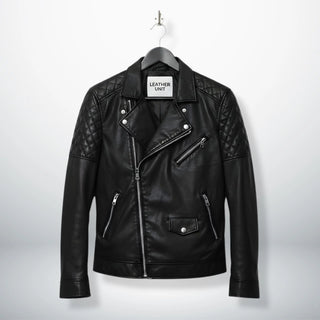front view of men's black leather biker jacket with quilted shoulders.