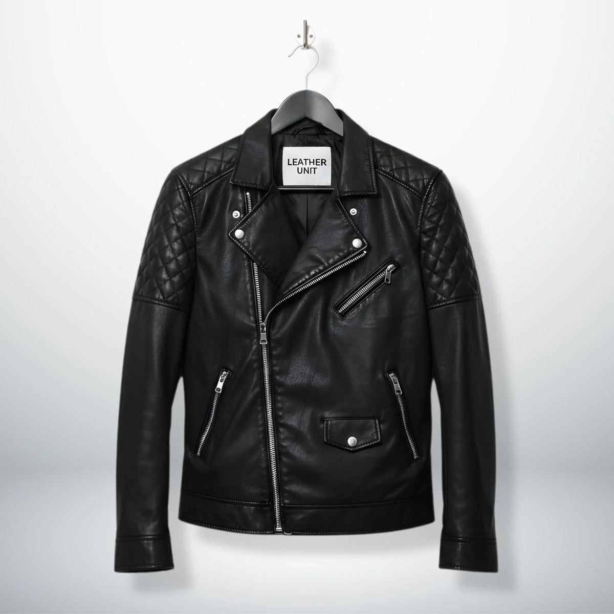 front view of men's black leather biker jacket with quilted shoulders.