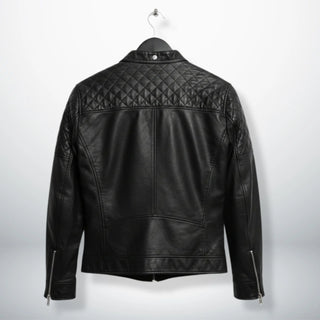 back view of men's black leather motorcycle jacket with quilted upper back.