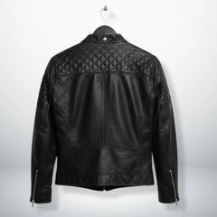 back view of men's black leather motorcycle jacket with quilted upper back.