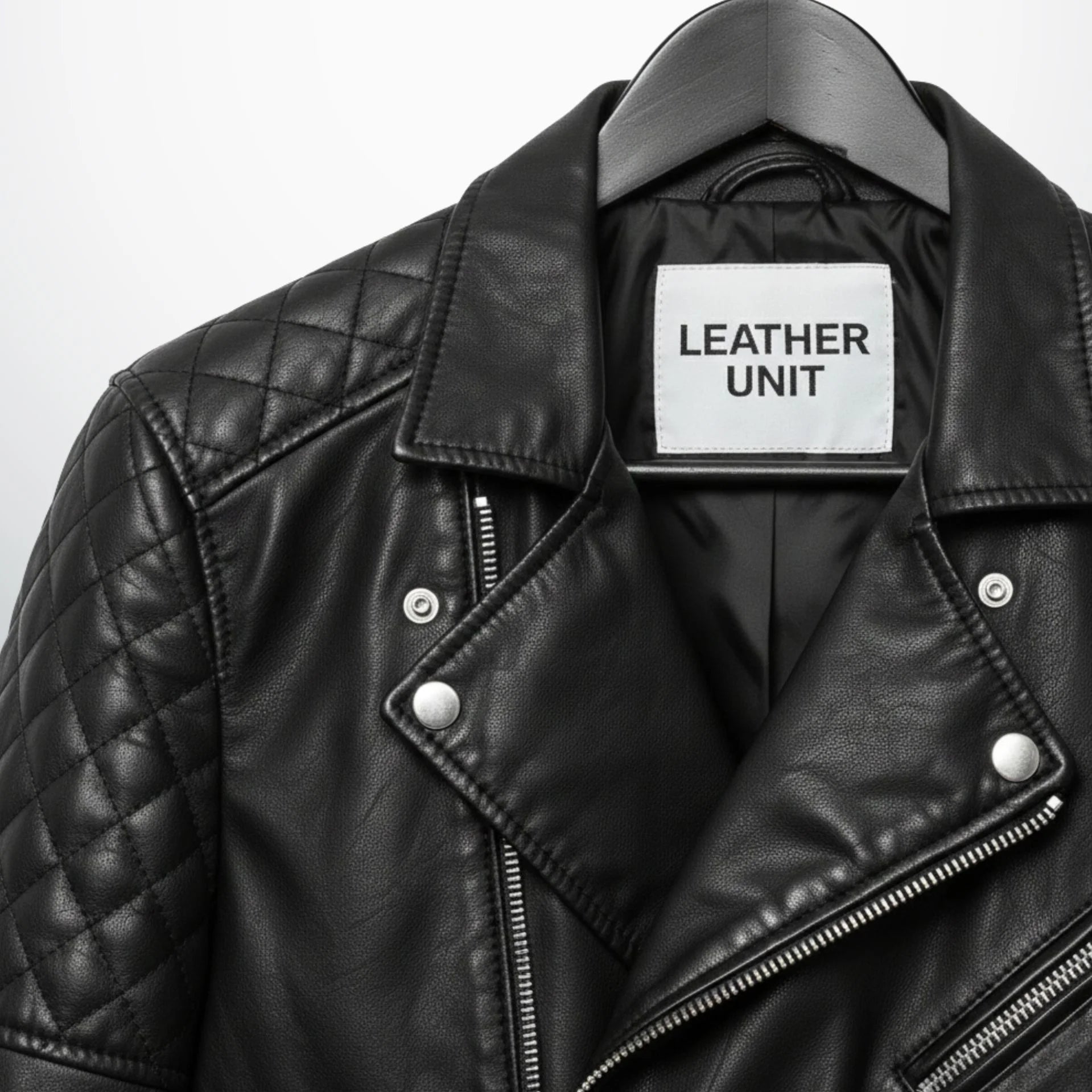 close up of collar and lapels on men's black leather biker jacket by Leather Unit.
