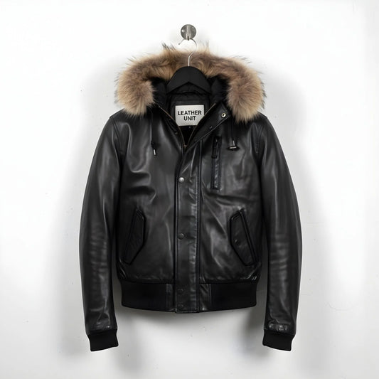 front view of men's black leather bomber jacket with fur hood.