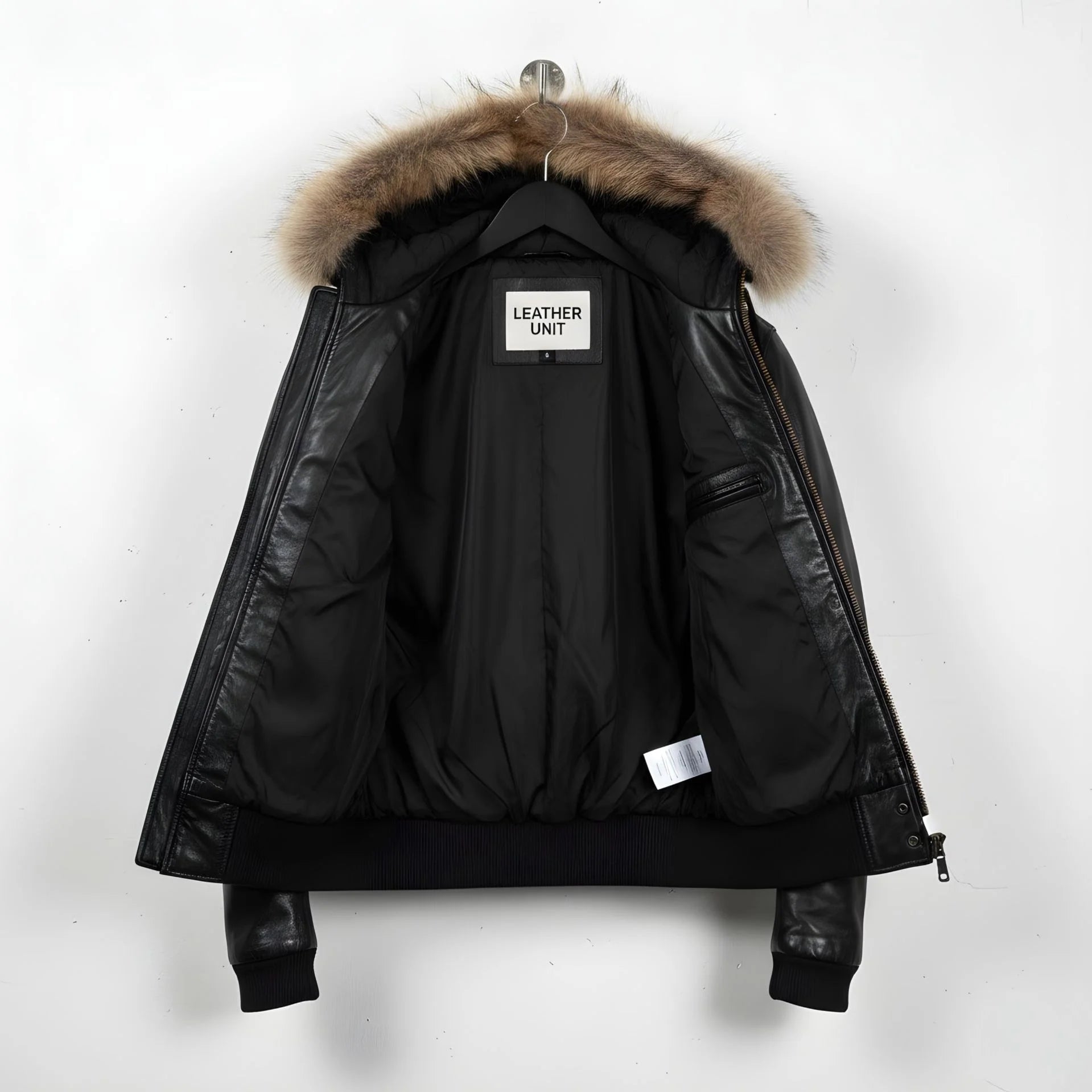 interior of men's black leather bomber jacket showing padded lining.