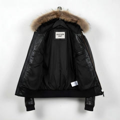interior of men's black leather bomber jacket showing padded lining.