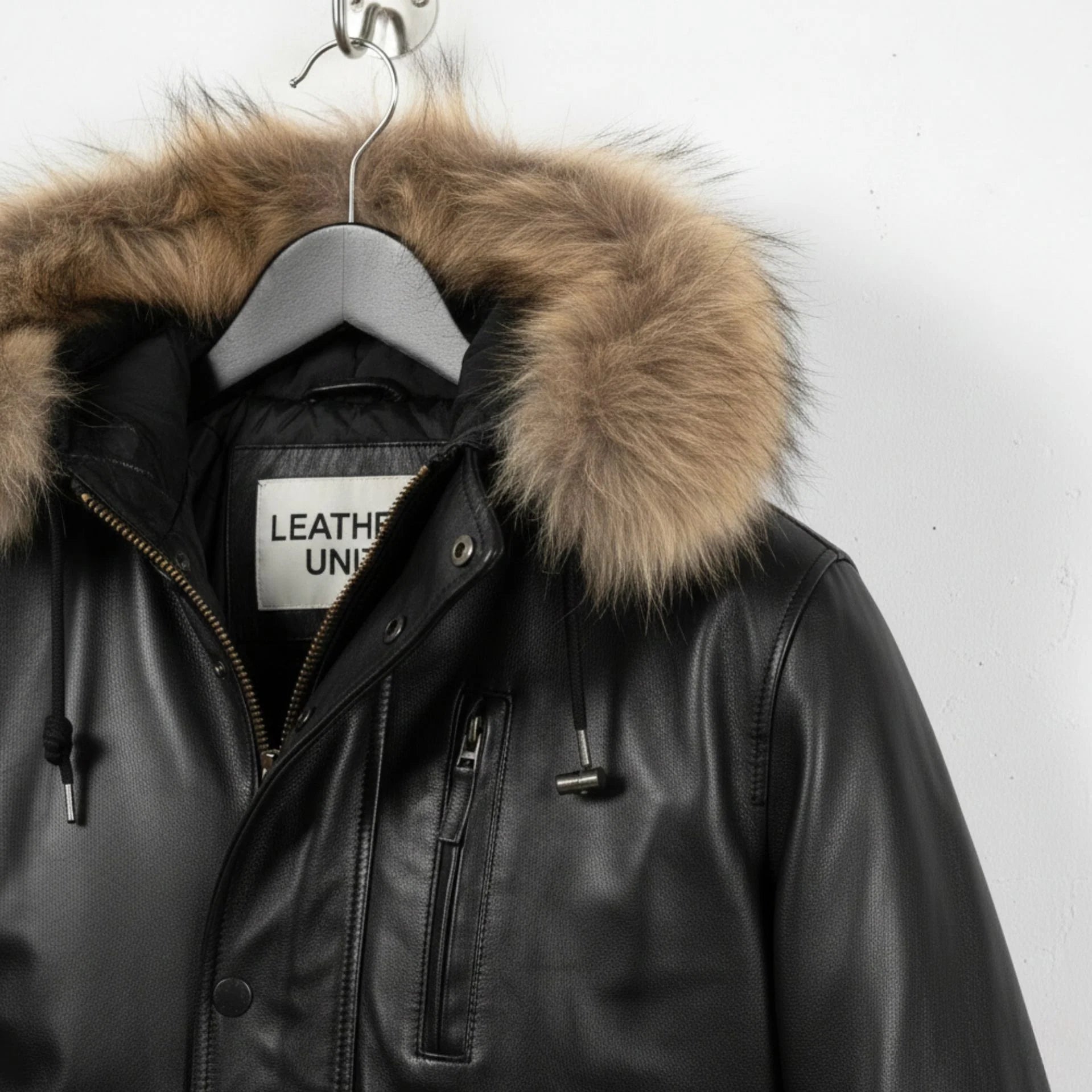close up of hood and fur trim on men's black leather bomber jacket.