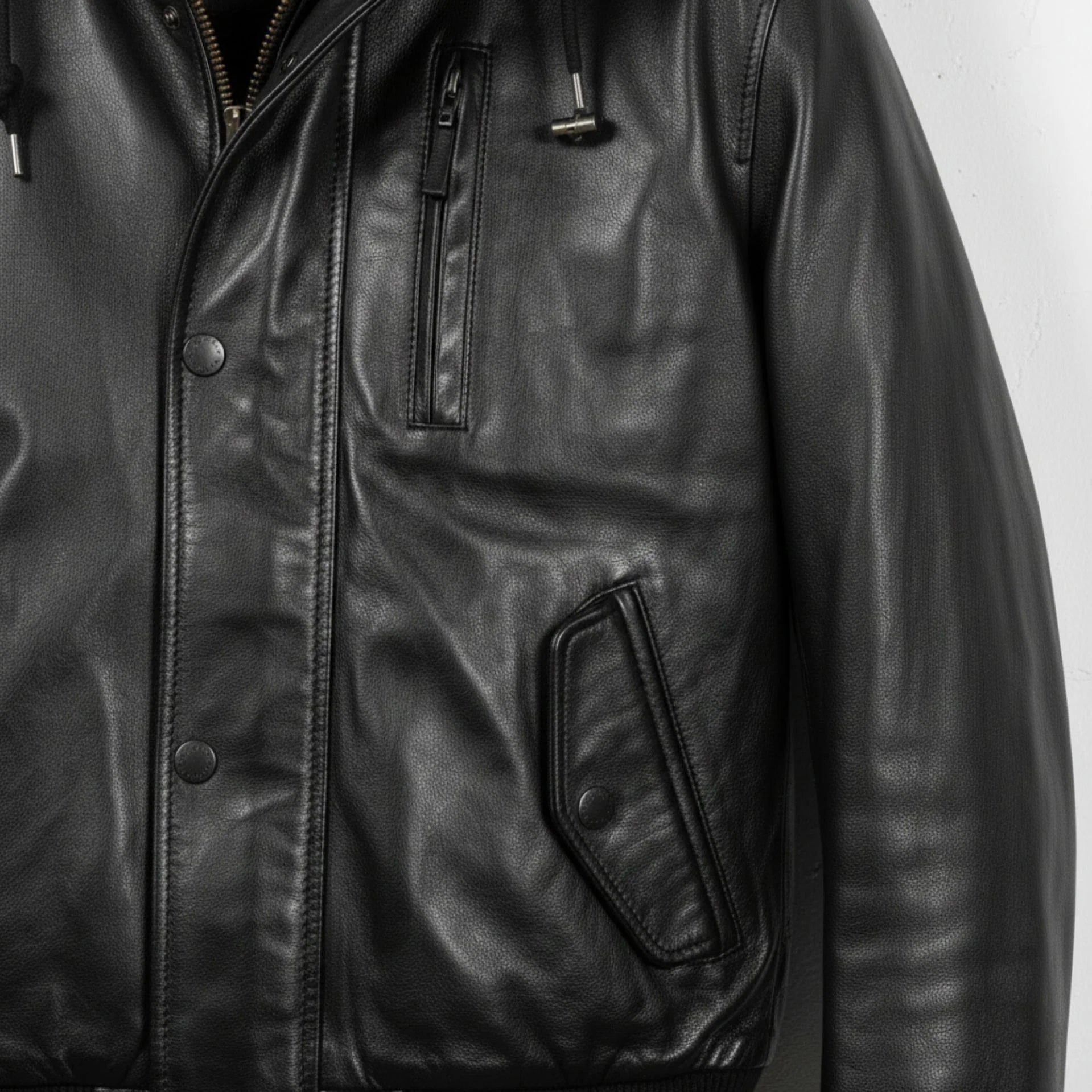detail of chest zipper pocket and snap flap pocket on men's black leather jacket.