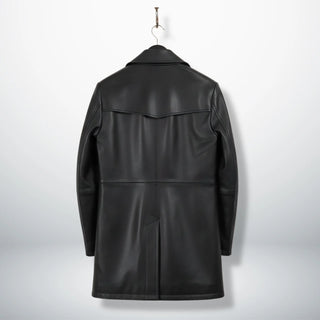 Back view of men’s 3/4 length black leather coat with yoke and vent