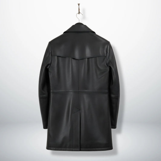 Back view of men’s 3/4 length black leather coat with yoke and vent