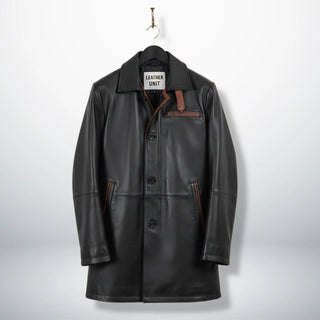 Front view of men’s black leather car coat with brown trim by Leather Unit