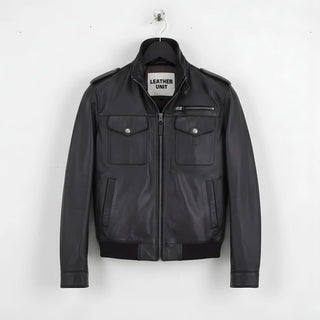 front view of men's black leather field jacket with epaulettes and flap pockets.