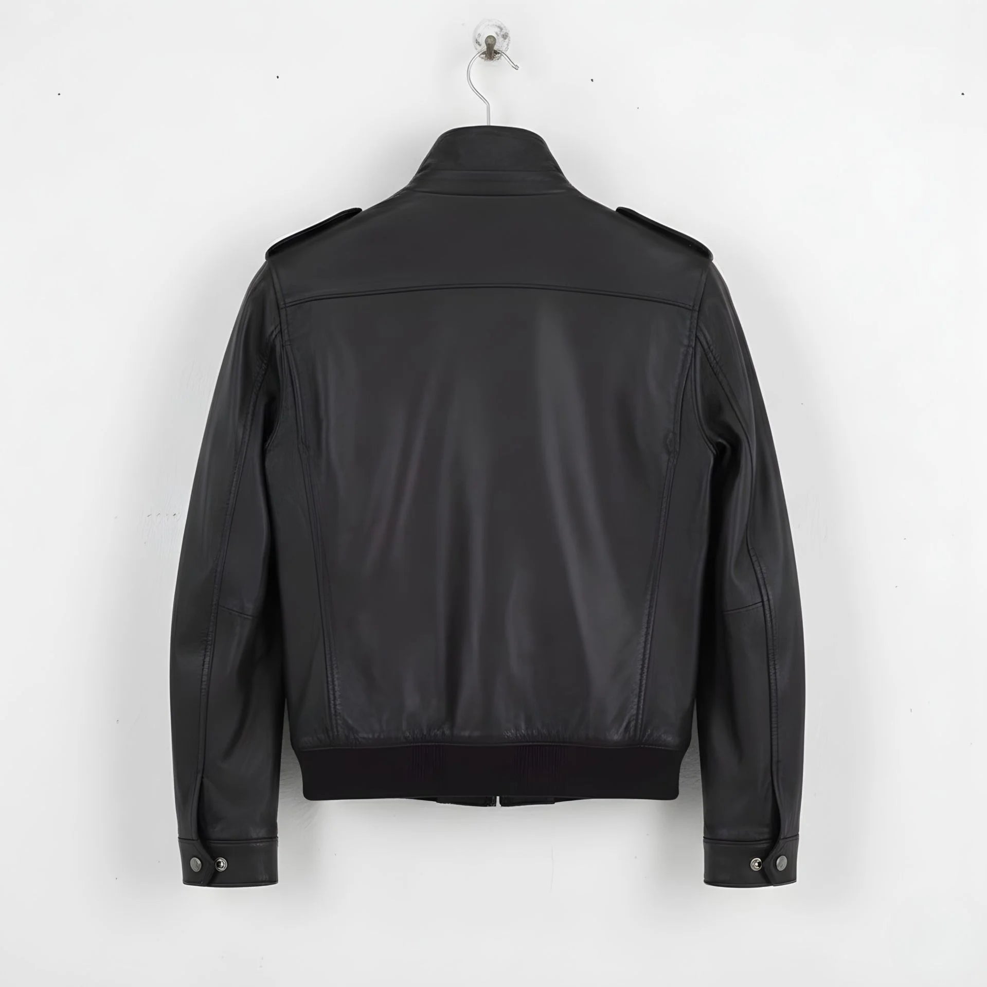 back view of men's black leather utility bomber jacket.