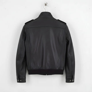 back view of men's black leather utility bomber jacket.