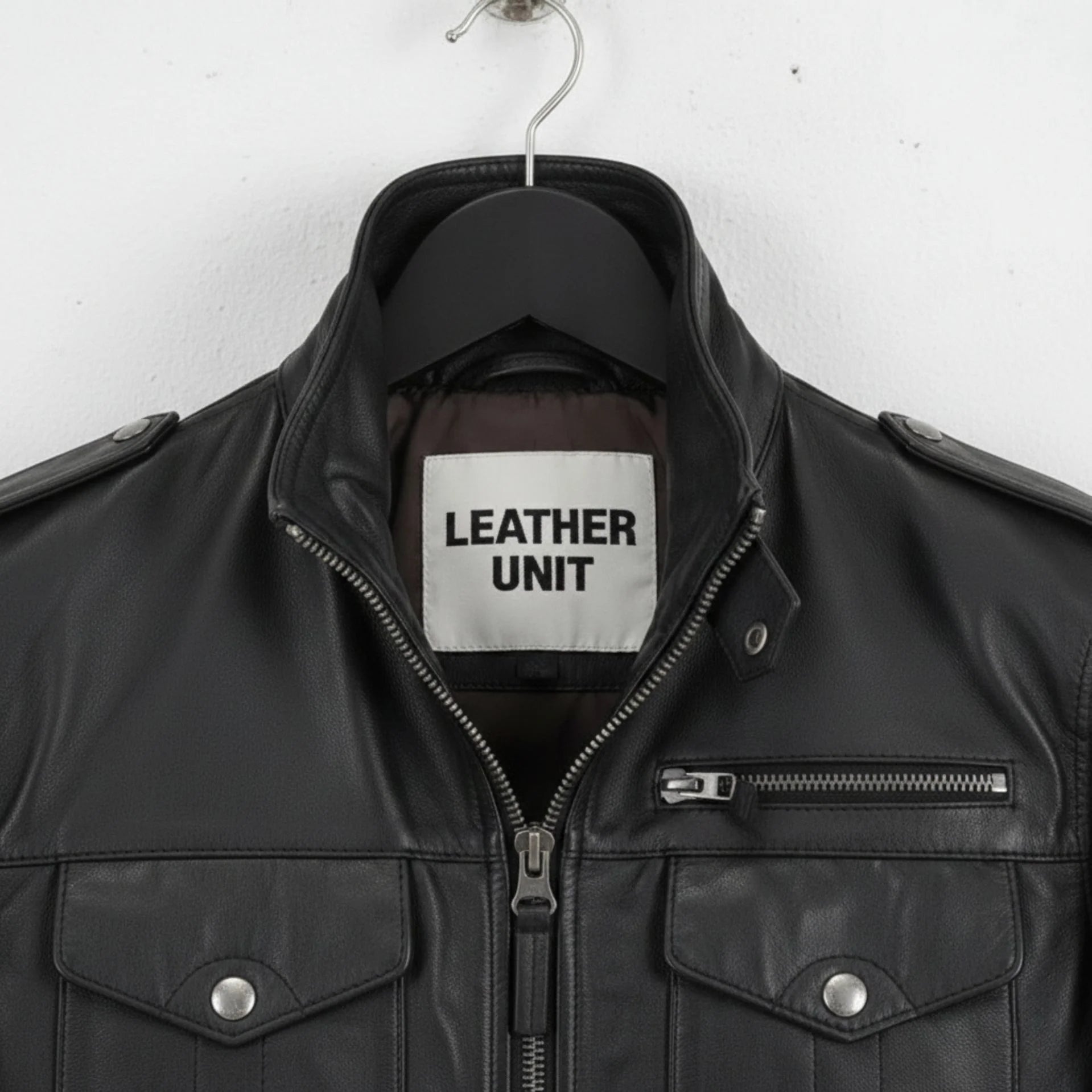 close up of collar and epaulettes on men's black leather field jacket by Leather Unit.