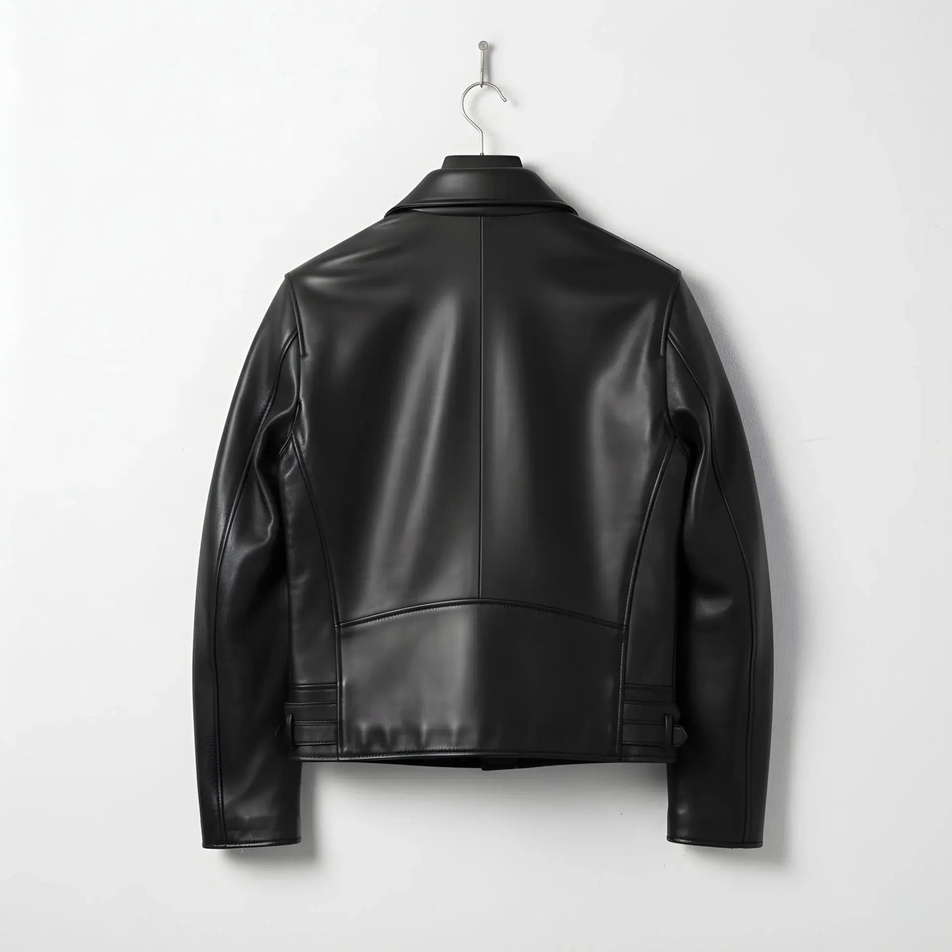back view of men's slim fit black leather jacket with clean panel design.