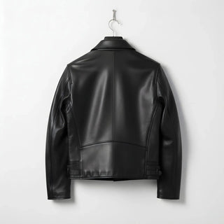 back view of men's slim fit black leather jacket with clean panel design.