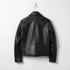 back view of men's slim fit black leather jacket with clean panel design.