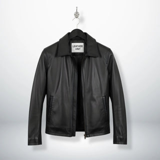 front view of men's slim fit black leather jacket with turn down collar.