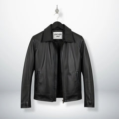 front view of men's slim fit black leather jacket with turn down collar.