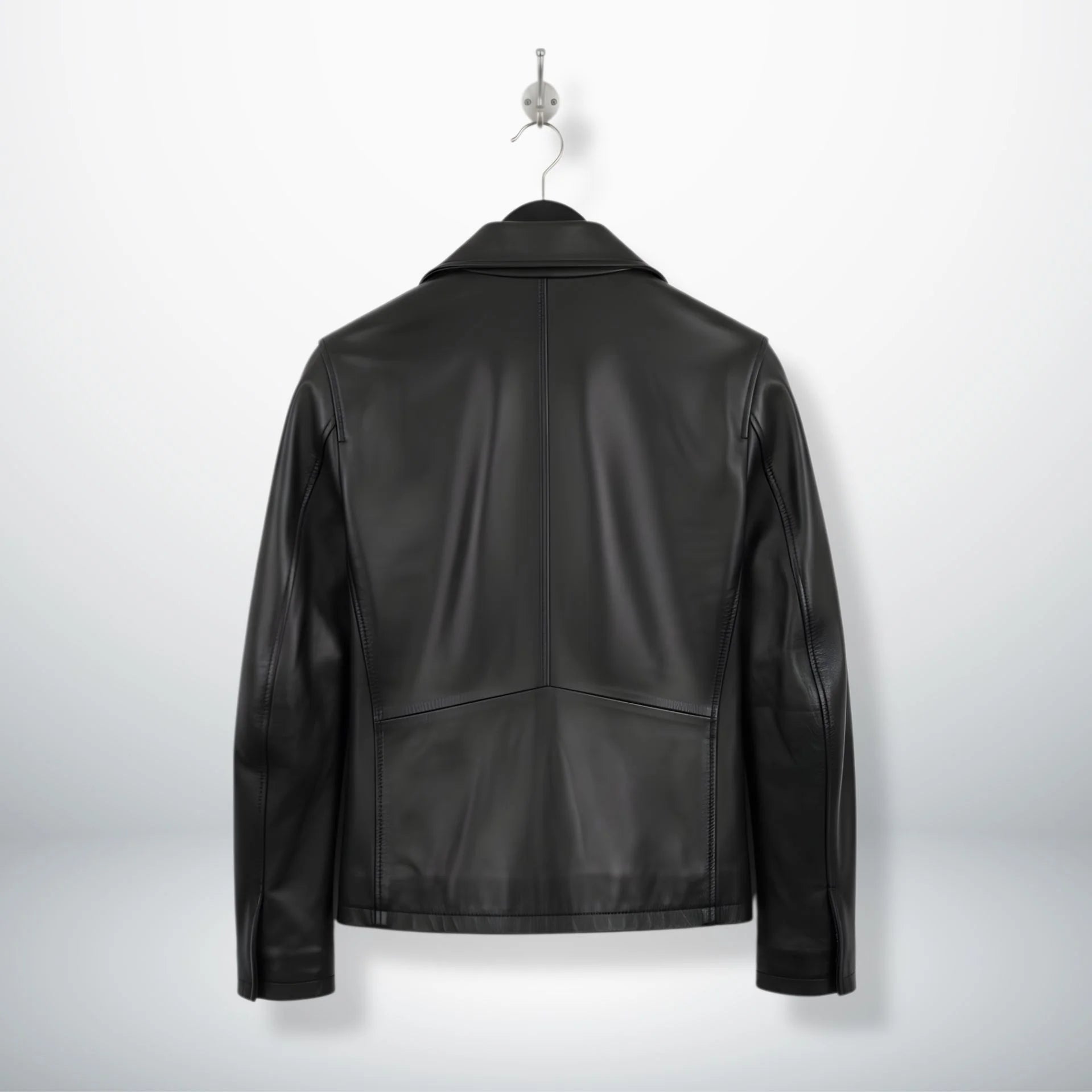 back view of men's black genuine leather jacket with panelled seams.