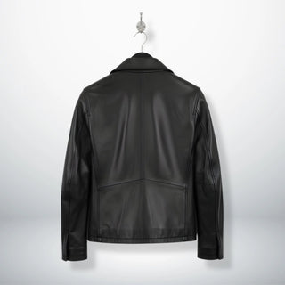 back view of men's black genuine leather jacket with panelled seams.