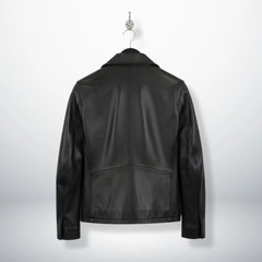 back view of men's black genuine leather jacket with panelled seams.