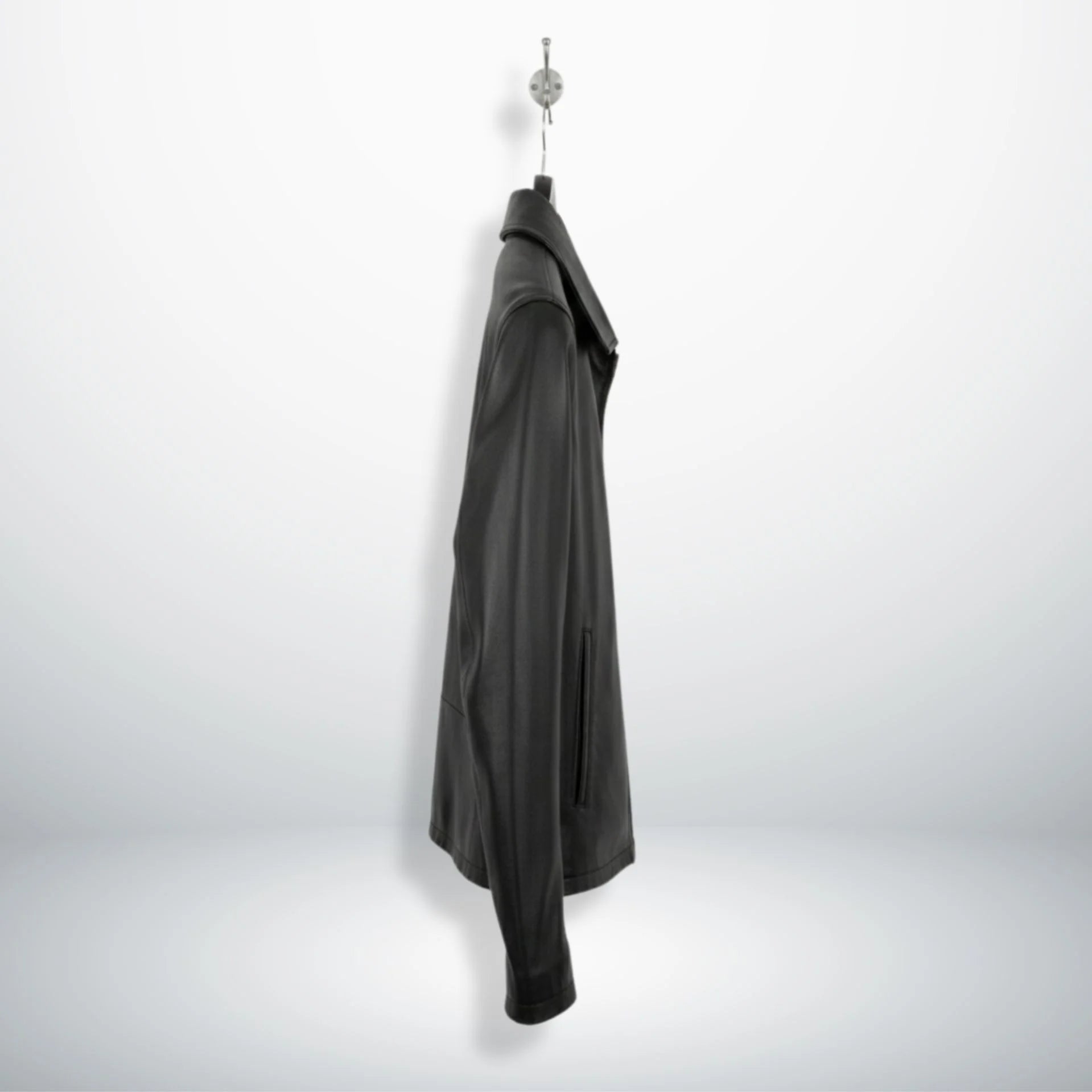 side profile of men's slim fit black leather jacket.