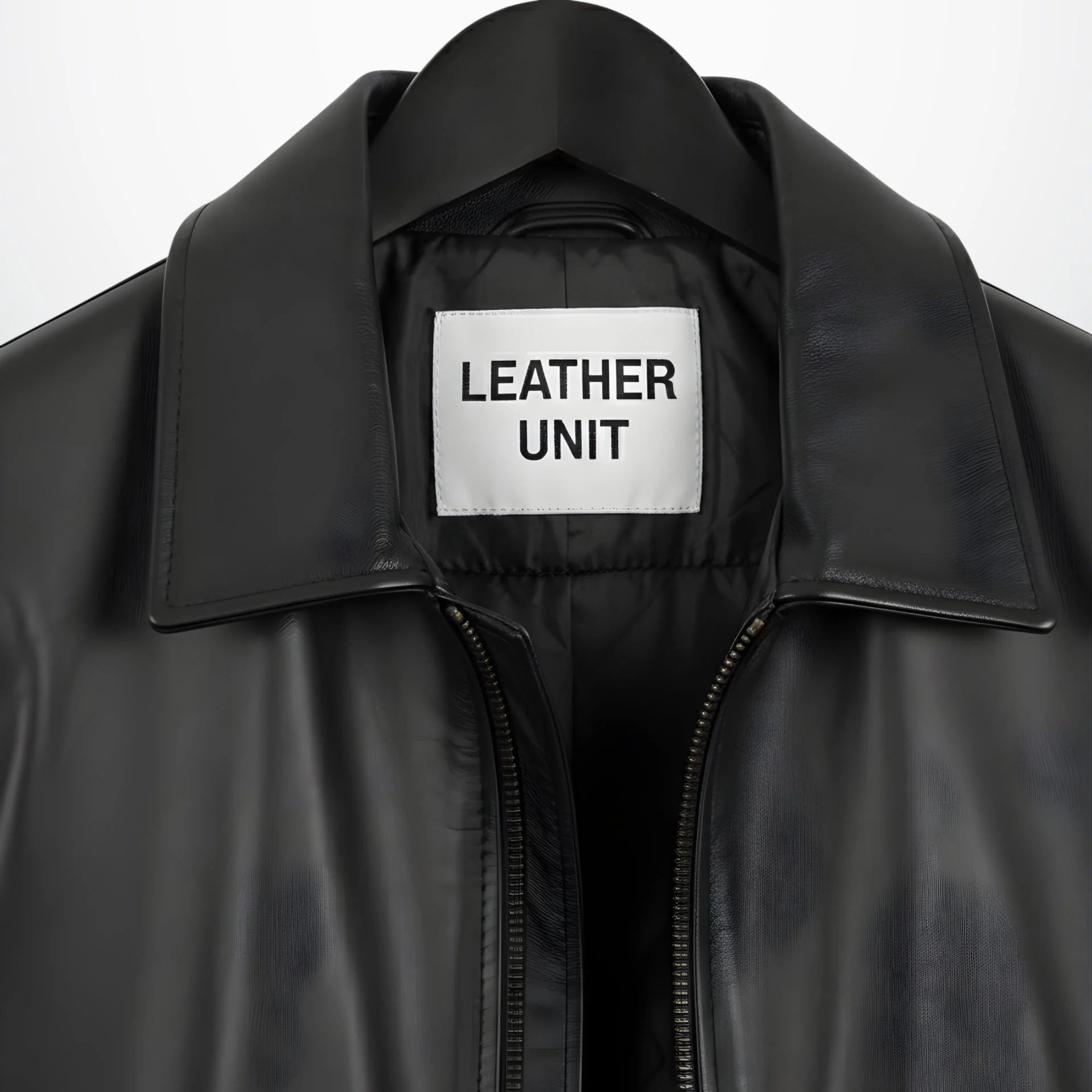 close up of collar and label on men's black leather jacket by Leather Unit.