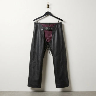 Front view of men's black leather motorcycle chaps with belt and lace front by Leather Unit