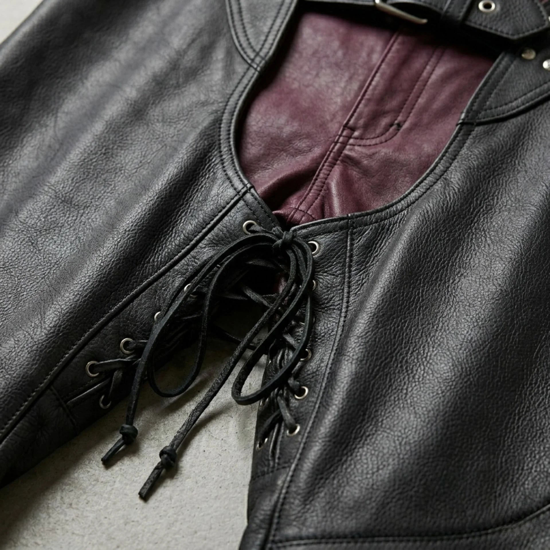 Close-up of lace-up front panel on men's black leather motorcycle chaps