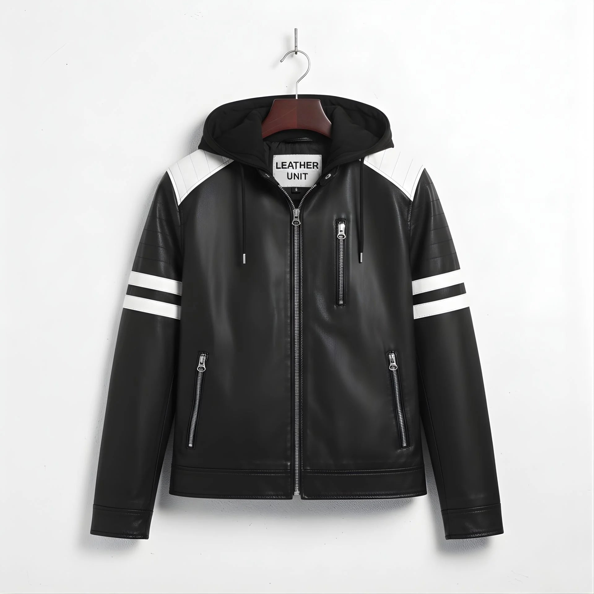 Front view of men's black faux leather motorcycle jacket with hood and white racing stripes on sleeves.