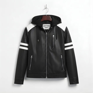 Front view of men's black faux leather motorcycle jacket with hood and white racing stripes on sleeves.