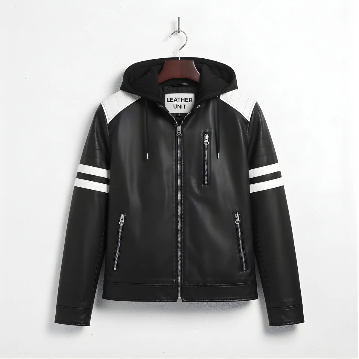 Front view of men's black faux leather motorcycle jacket with hood and white racing stripes on sleeves.