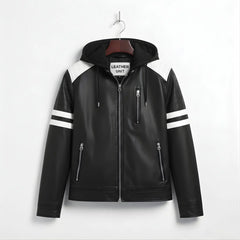 Front view of men's black faux leather motorcycle jacket with hood and white racing stripes on sleeves.
