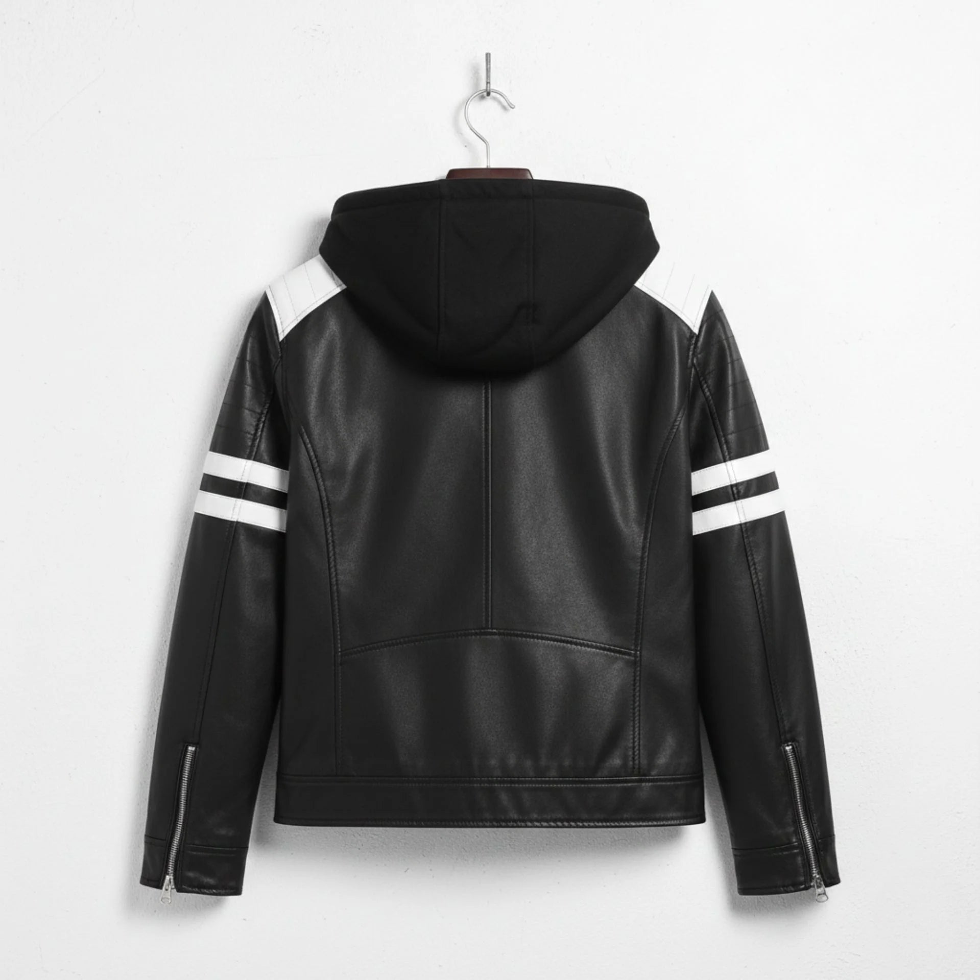 Back view of men's black hooded leather biker jacket with white shoulder panels and sleeve stripes.