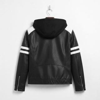 Back view of men's black hooded leather biker jacket with white shoulder panels and sleeve stripes.