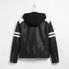 Back view of men's black hooded leather biker jacket with white shoulder panels and sleeve stripes.