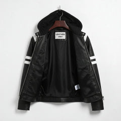 Inside view of men's black hooded moto jacket showing smooth polyester lining.