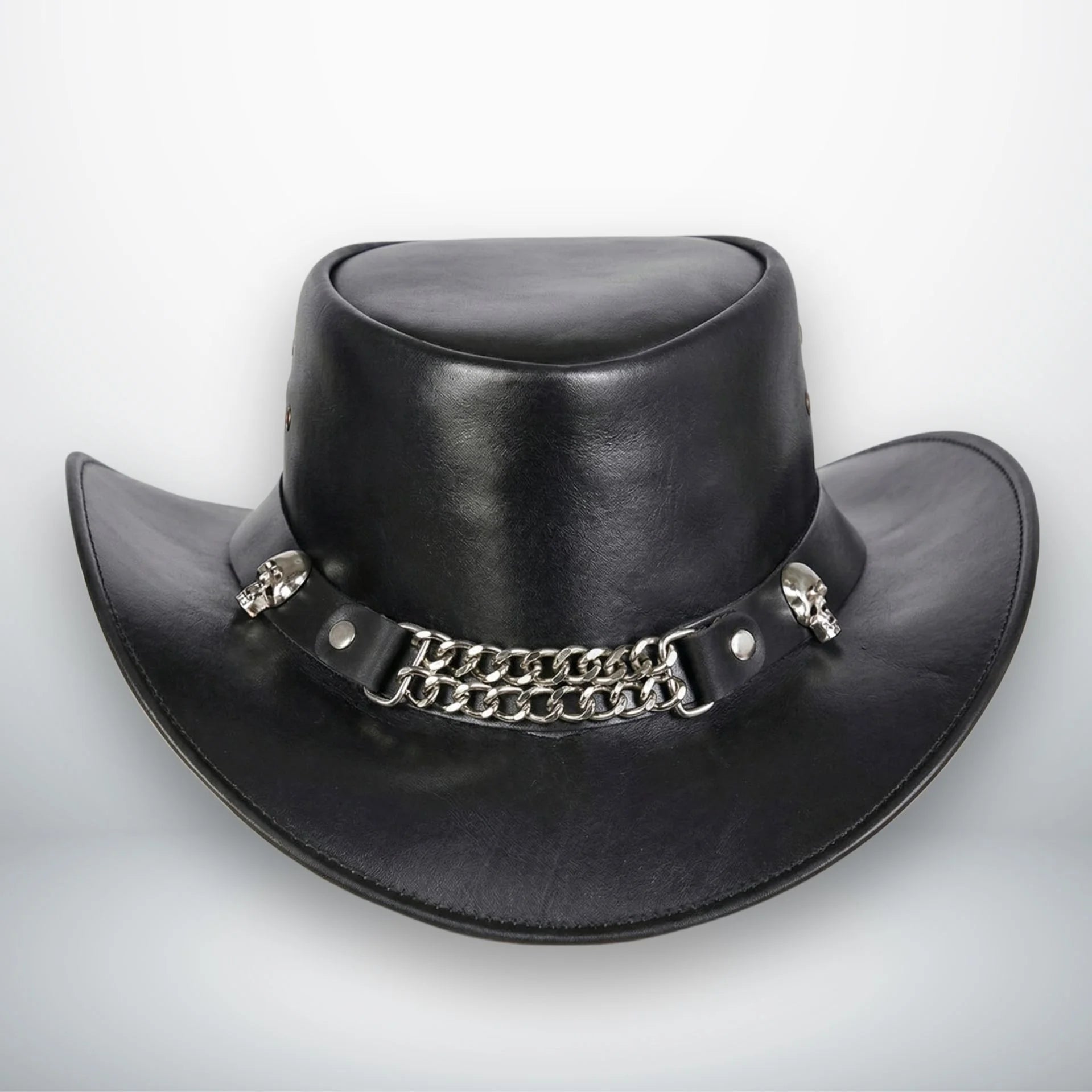 Front view of men's black leather outback hat with skull chain band