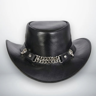 Front view of men's black leather outback hat with skull chain band