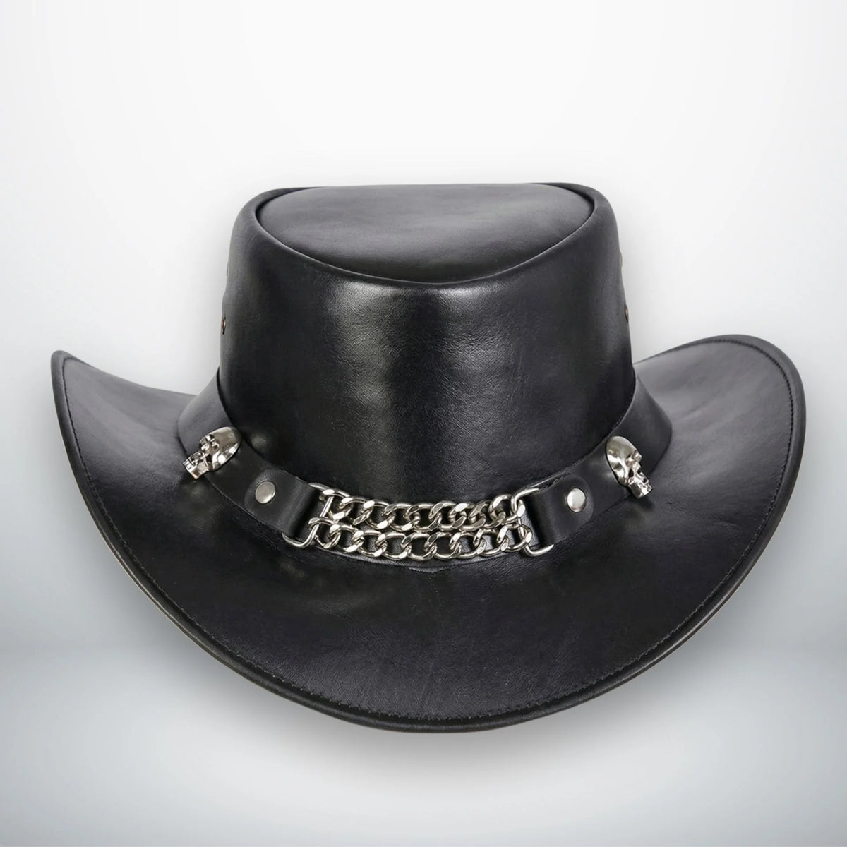 Front view of men's black leather outback hat with skull chain band