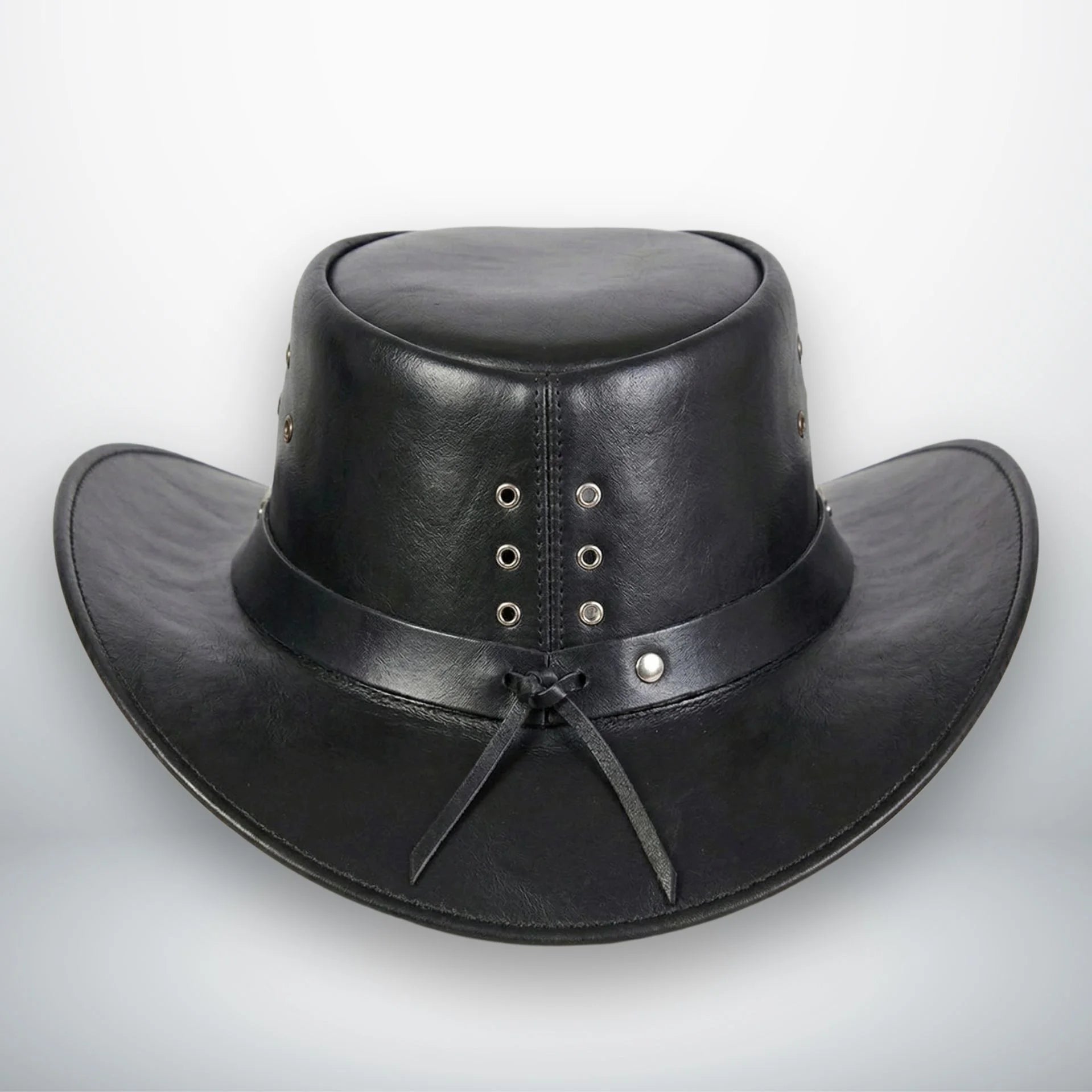 Back view of black leather outback hat showing eyelets and leather tie band