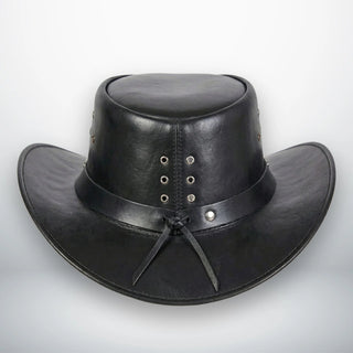 Back view of black leather outback hat showing eyelets and leather tie band