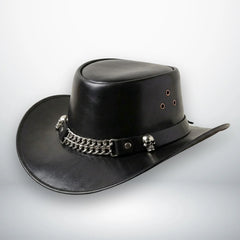 Opposite side angle of black leather cowboy hat with chain band